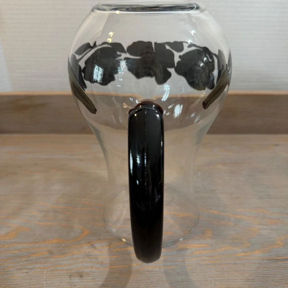 Vintage Arcoroc Hand Blown Glass Pitcher Black Handle Floral Charcoal Olive Gold